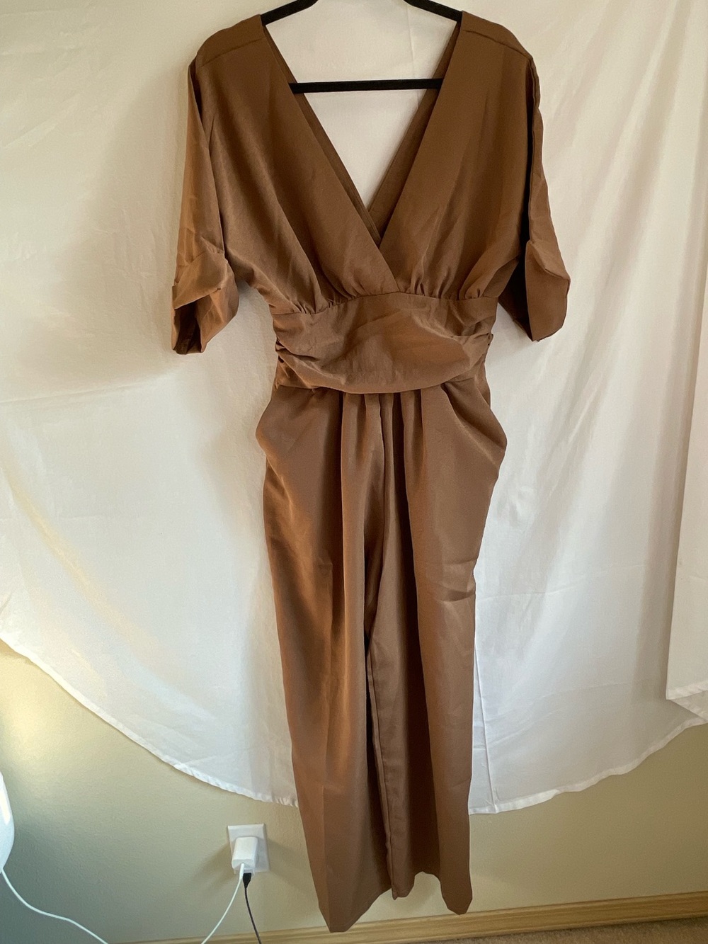 Women's Large Camel Brown Wide Leg Ruched Waist Jumpsuit - Picture 2 of 10
